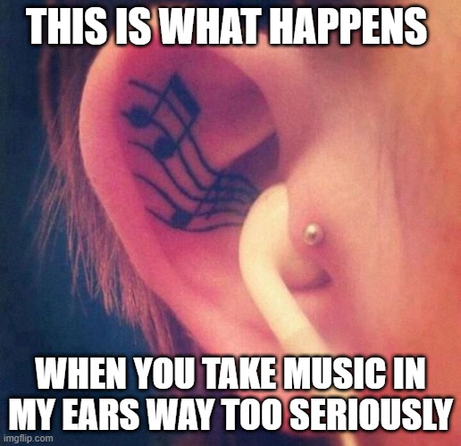 music | THIS IS WHAT HAPPENS; WHEN YOU TAKE MUSIC IN MY EARS WAY TOO SERIOUSLY | image tagged in memes | made w/ Imgflip meme maker