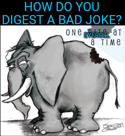 Bad Jokes Are Like Eating Elephants | HOW DO YOU DIGEST A BAD JOKE? EYEROLL | image tagged in bad jokes | made w/ Imgflip meme maker