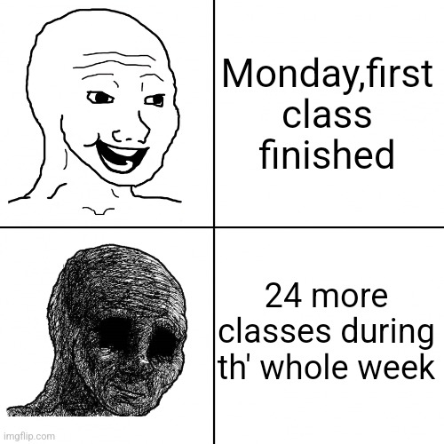 Happy Wojak vs Depressed Wojak | Monday,first class finished; 24 more classes during th' whole week | image tagged in happy wojak vs depressed wojak | made w/ Imgflip meme maker