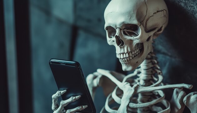 A skeleton staring at their phone Blank Meme Template