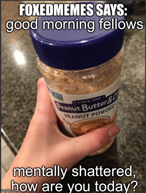 foxedmemes template | good morning fellows; mentally shattered, how are you today? | image tagged in foxedmemes template is back | made w/ Imgflip meme maker