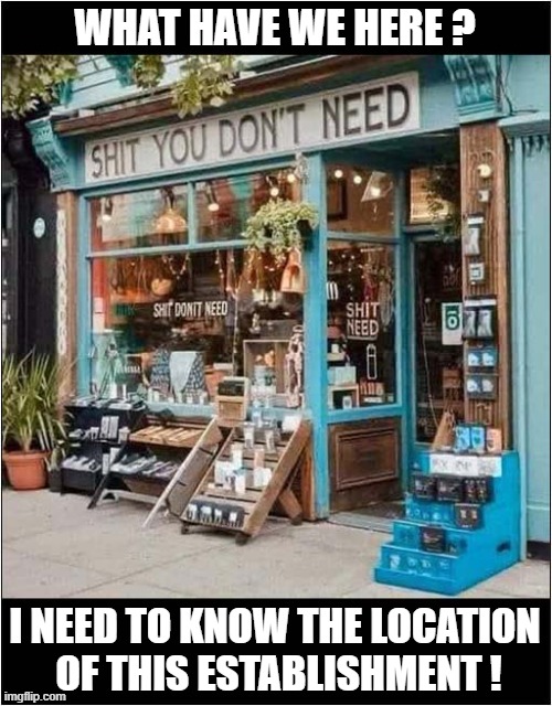 Where Shall I Go Today ? | WHAT HAVE WE HERE ? I NEED TO KNOW THE LOCATION
 OF THIS ESTABLISHMENT ! | image tagged in shopping,useless stuff | made w/ Imgflip meme maker