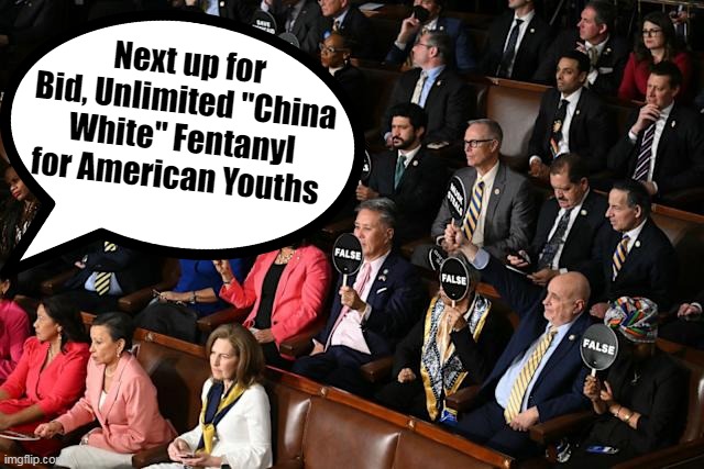 Can never have enough of that gum grinding marching powder | Next up for Bid, Unlimited "China White" Fentanyl for American Youths | image tagged in congressional address paddles auction meme | made w/ Imgflip meme maker