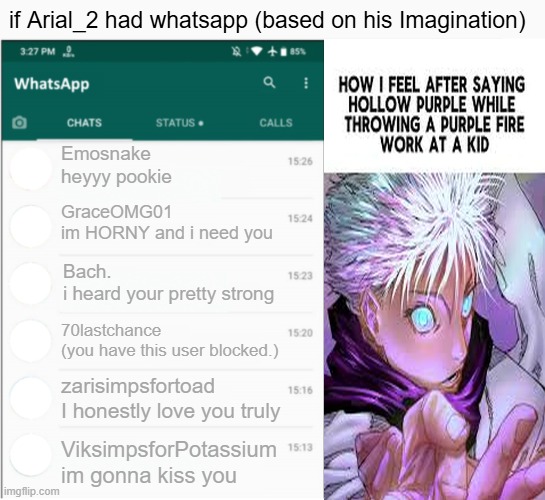 this is Arial_2's imagination | if Arial_2 had whatsapp (based on his Imagination); Emosnake
heyyy pookie; GraceOMG01
im HORNY and i need you; Bach.
i heard your pretty strong; 70lastchance
(you have this user blocked.); zarisimpsfortoad
I honestly love you truly; ViksimpsforPotassium
im gonna kiss you | image tagged in if x had whatsapp | made w/ Imgflip meme maker