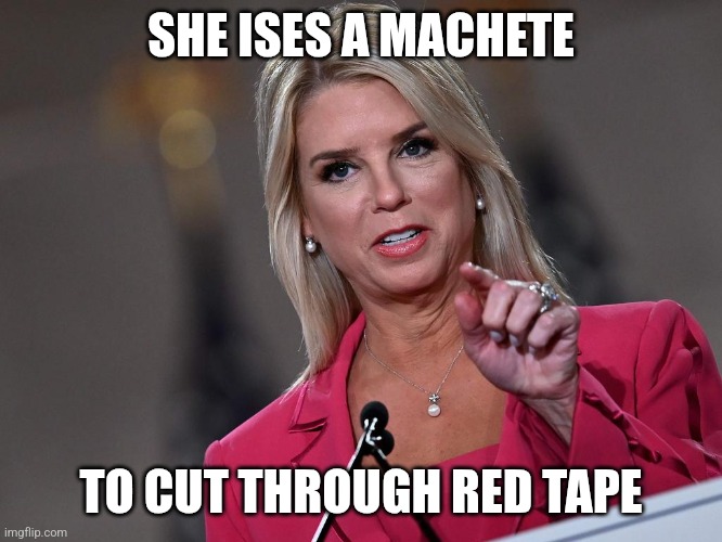 Pam Bondi | SHE ISES A MACHETE TO CUT THROUGH RED TAPE | image tagged in pam bondi | made w/ Imgflip meme maker