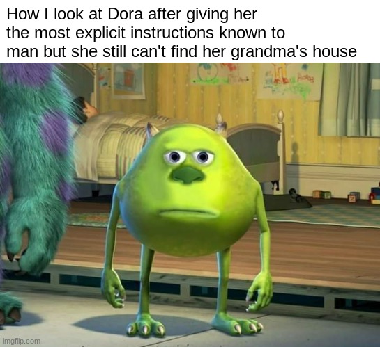 Dora can't see | How I look at Dora after giving her the most explicit instructions known to man but she still can't find her grandma's house | image tagged in mike wazowski bruh | made w/ Imgflip meme maker