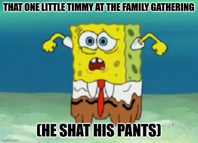 sponge bob shart pants | THAT ONE LITTLE TIMMY AT THE FAMILY GATHERING; (HE SHAT HIS PANTS) | image tagged in sponge bob shart pants | made w/ Imgflip meme maker