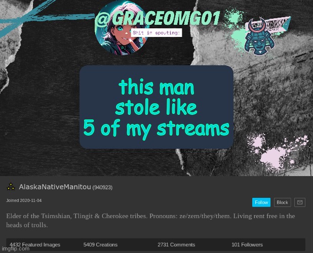 this man stole like 5 of my streams | image tagged in grace temp v4 | made w/ Imgflip meme maker