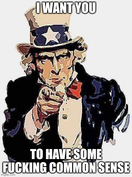 Uncle Sam Meme | I WANT YOU; TO HAVE SOME FUCKING COMMON SENSE | image tagged in memes,uncle sam | made w/ Imgflip meme maker