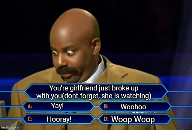 Yay | You're girlfriend just broke up with you(dont forget, she is watching); Yay! Woohoo; Woop Woop; Hooray! | image tagged in who wants to be a millionaire | made w/ Imgflip meme maker