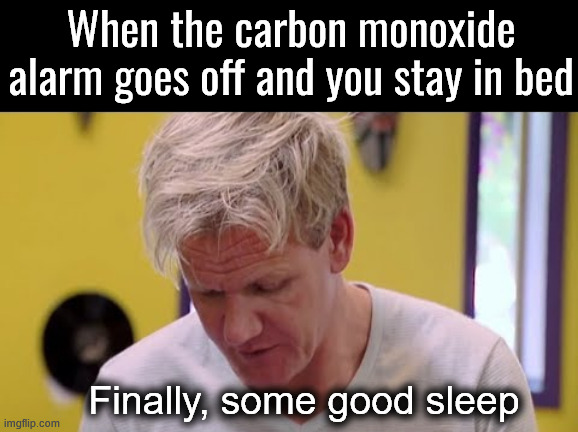 Some long lasting sleep | When the carbon monoxide alarm goes off and you stay in bed; Finally, some good sleep | image tagged in finally some good food | made w/ Imgflip meme maker