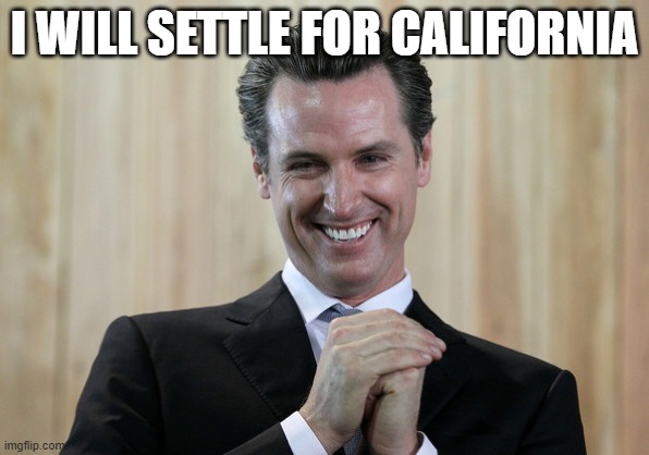 Scheming Gavin Newsom  | I WILL SETTLE FOR CALIFORNIA | image tagged in scheming gavin newsom | made w/ Imgflip meme maker