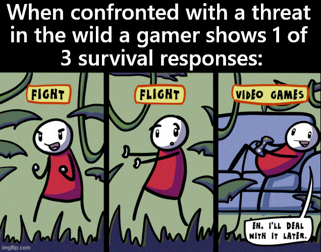 I'll deal with it later | When confronted with a threat 
in the wild a gamer shows 1 of 
3 survival responses: | image tagged in gaming | made w/ Imgflip meme maker