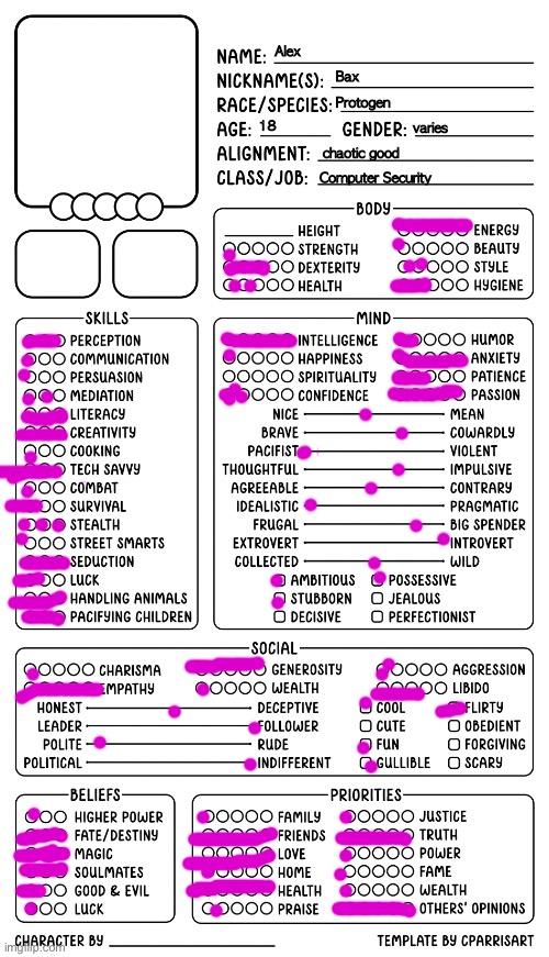 Character sheet by Cparrisart | Alex; Bax; Protogen; 18; varies; chaotic good; Computer Security | image tagged in character sheet by cparrisart | made w/ Imgflip meme maker