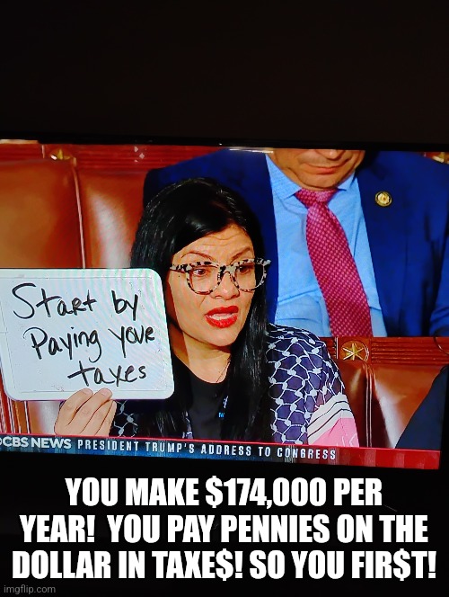 YOU MAKE $174,000 PER YEAR!  YOU PAY PENNIES ON THE DOLLAR IN TAXE$! SO YOU FIR$T! | image tagged in taxes,congress,leftist,looney tunes | made w/ Imgflip meme maker