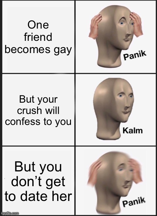 ??? | One friend becomes gay; But your crush will confess to you; But you don’t get to date her | image tagged in memes,panik kalm panik | made w/ Imgflip meme maker