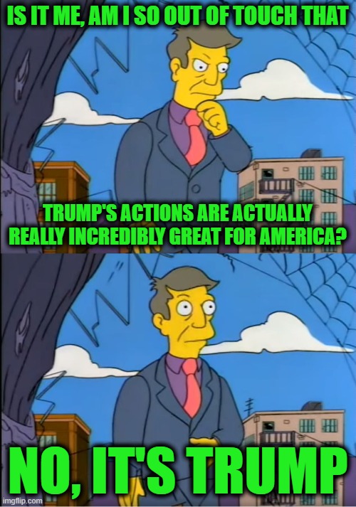 IS IT ME, AM I SO OUT OF TOUCH THAT NO, IT'S TRUMP TRUMP'S ACTIONS ARE ACTUALLY REALLY INCREDIBLY GREAT FOR AMERICA? | image tagged in skinner out of touch | made w/ Imgflip meme maker