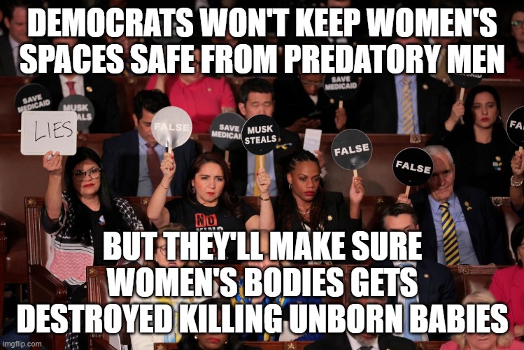 Democrats are a joke | DEMOCRATS WON'T KEEP WOMEN'S SPACES SAFE FROM PREDATORY MEN; BUT THEY'LL MAKE SURE WOMEN'S BODIES GETS DESTROYED KILLING UNBORN BABIES | image tagged in memes | made w/ Imgflip meme maker