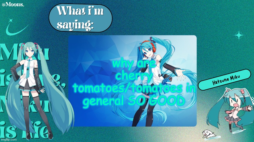 Moons. Miku temp by grace | why are cherry tomatoes/tomatoes in general SO GOOD | image tagged in moons miku temp by grace | made w/ Imgflip meme maker