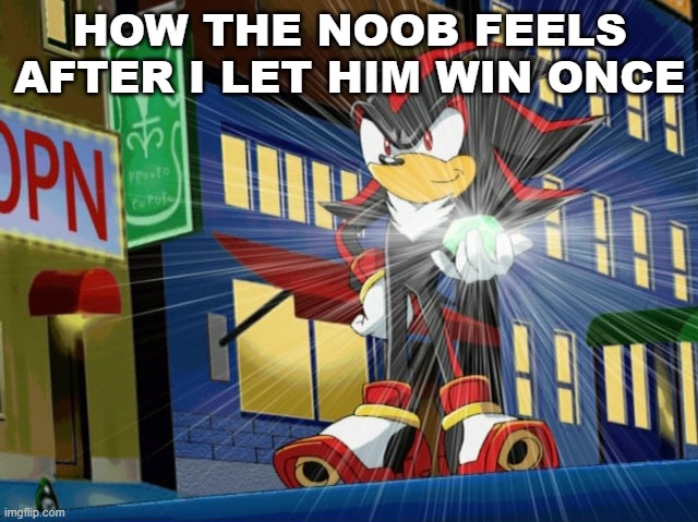 Shadow the Hedgehog makes Vegeta jealous | HOW THE NOOB FEELS AFTER I LET HIM WIN ONCE | image tagged in shadow the hedgehog makes vegeta jealous | made w/ Imgflip meme maker