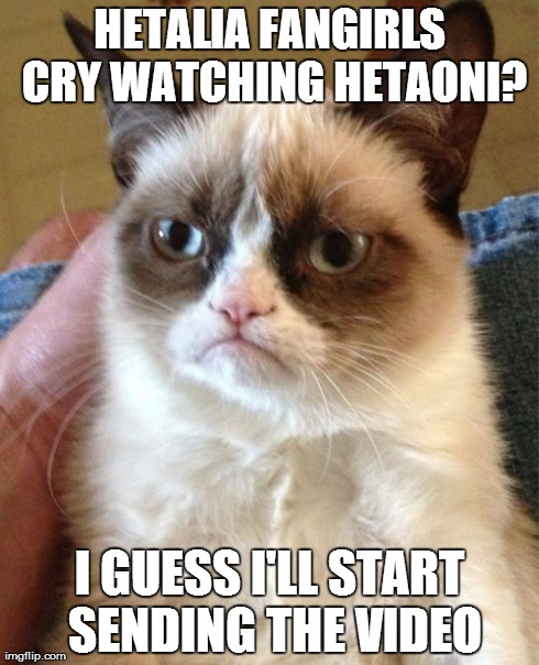 Grumpy Cat | HETALIA FANGIRLS CRY WATCHING HETAONI? I GUESS I'LL START SENDING THE VIDEO | image tagged in memes,grumpy cat | made w/ Imgflip meme maker