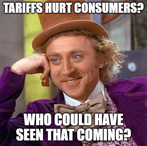 Creepy Condescending Wonka Meme | TARIFFS HURT CONSUMERS? WHO COULD HAVE SEEN THAT COMING? | image tagged in memes,creepy condescending wonka,tariffs,sarcasm | made w/ Imgflip meme maker