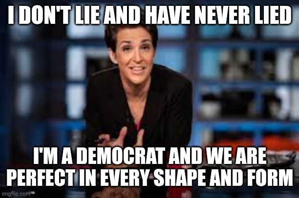 I DON'T LIE AND HAVE NEVER LIED I'M A DEMOCRAT AND WE ARE PERFECT IN EVERY SHAPE AND FORM | image tagged in rachel maddow | made w/ Imgflip meme maker