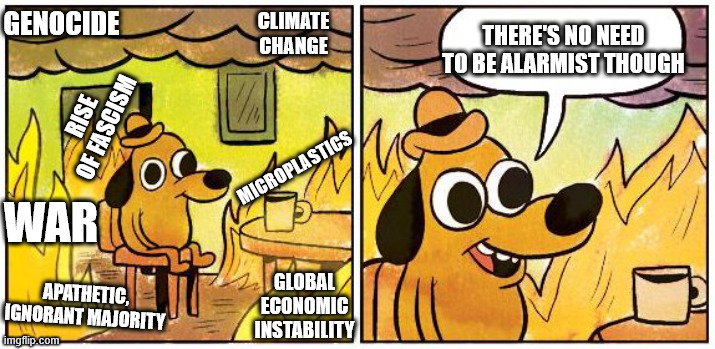 This is Fine (Blank) | GENOCIDE; CLIMATE CHANGE; THERE'S NO NEED TO BE ALARMIST THOUGH; RISE OF FASCISM; MICROPLASTICS; WAR; GLOBAL ECONOMIC INSTABILITY; APATHETIC, IGNORANT MAJORITY | image tagged in this is fine blank | made w/ Imgflip meme maker