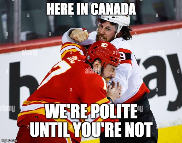 Canada: polite until you're not | HERE IN CANADA; WE'RE POLITE
UNTIL YOU'RE NOT | image tagged in canada,america vs canada | made w/ Imgflip meme maker