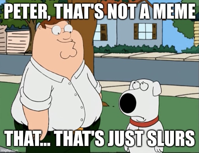 Peter that’s not a meme… | PETER, THAT'S NOT A MEME; THAT... THAT'S JUST SLURS | image tagged in peter that s not a meme | made w/ Imgflip meme maker