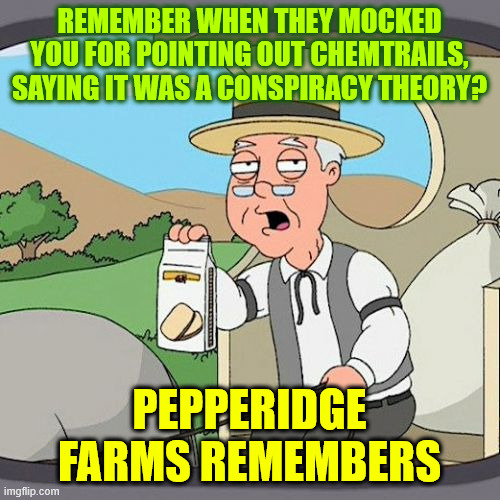 Pepperidge Farm Remembers Meme | REMEMBER WHEN THEY MOCKED YOU FOR POINTING OUT CHEMTRAILS, SAYING IT WAS A CONSPIRACY THEORY? PEPPERIDGE FARMS REMEMBERS | image tagged in memes,pepperidge farm remembers | made w/ Imgflip meme maker