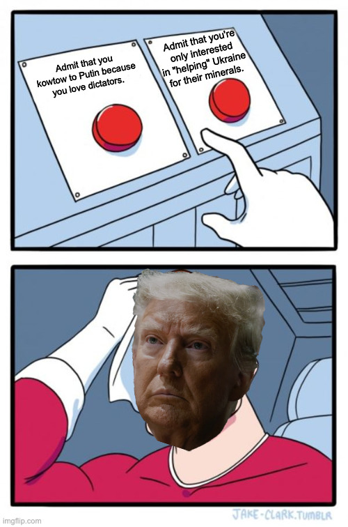 Decisions, decisions | Admit that you're only interested in "helping" Ukraine for their minerals. Admit that you kowtow to Putin because you love dictators. | image tagged in memes,two buttons | made w/ Imgflip meme maker