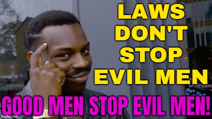 Laws Don't Stop Evil Men; Good Men Stop Evil Men! | LAWS
DON'T
STOP
EVIL MEN; GOOD MEN STOP EVIL MEN! | image tagged in memes,roll safe think about it,it's the law,law,evil,good | made w/ Imgflip meme maker
