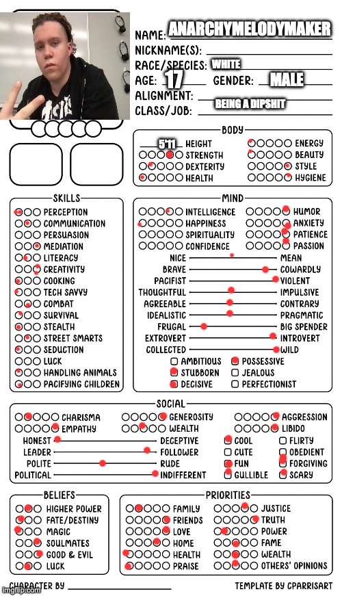 I did it too Ig | ANARCHYMELODYMAKER; WHITE; 17; MALE; BEING A DIPSHIT; 5'11 | image tagged in character sheet by cparrisart | made w/ Imgflip meme maker