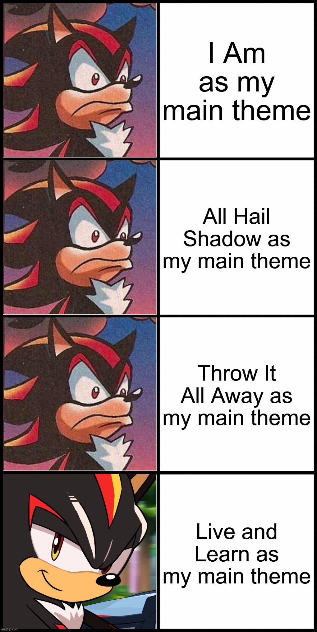 I Am as my main theme; All Hail Shadow as my main theme; Throw It All Away as my main theme; Live and Learn as my main theme | image tagged in shadow the hedgehog | made w/ Imgflip meme maker