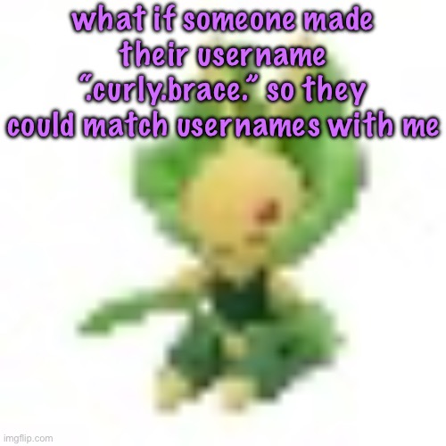 and then maybe on top of that a shared temp | what if someone made their username “.curly.brace.” so they could match usernames with me | image tagged in 144p leavanny | made w/ Imgflip meme maker