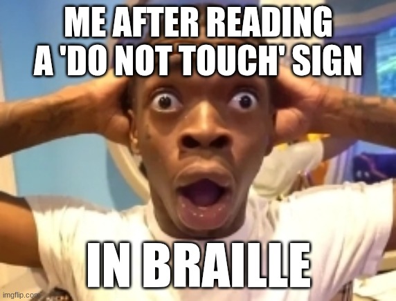 just a weird shower thought | ME AFTER READING A 'DO NOT TOUCH' SIGN; IN BRAILLE | image tagged in disbelief | made w/ Imgflip meme maker