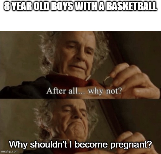 After all.. why not? | 8 YEAR OLD BOYS WITH A BASKETBALL; Why shouldn't I become pregnant? | image tagged in after all why not | made w/ Imgflip meme maker