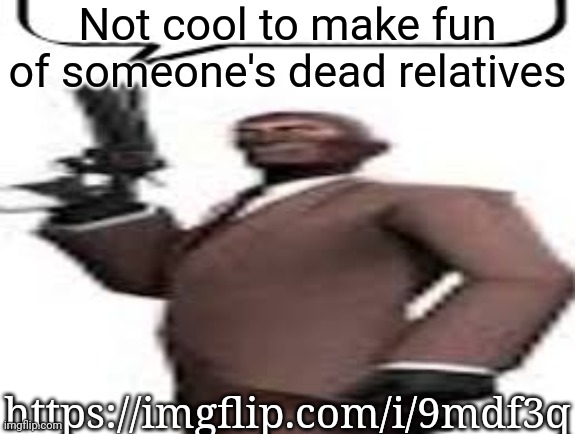 Tf2 spy | Not cool to make fun of someone's dead relatives; https://imgflip.com/i/9mdf3q | image tagged in tf2 spy,memes,msmg | made w/ Imgflip meme maker