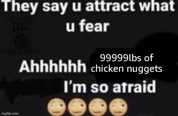 They say you attract what you fear | 99999lbs of chicken nuggets | image tagged in they say you attract what you fear | made w/ Imgflip meme maker