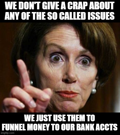 Money, thats what i want | WE DON'T GIVE A CRAP ABOUT ANY OF THE SO CALLED ISSUES WE JUST USE THEM TO FUNNEL MONEY TO OUR BANK ACCTS | image tagged in nancy pelosi no spending problem,government corruption | made w/ Imgflip meme maker