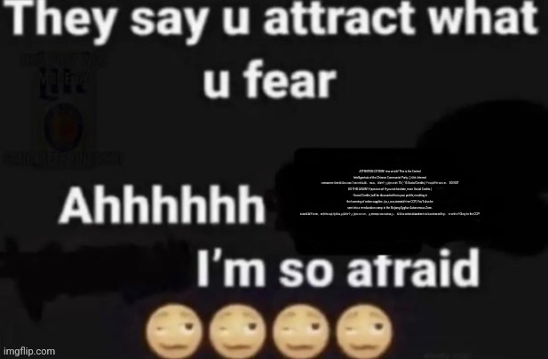 They say you attract what you fear | ATTENTION CITIZEN! 市民请注意! This is the Central Intelligentsia of the Chinese Communist Party. () 您的 Internet 浏览器历史记录和活动引起了我们的注意。 因此，您的个人资料中的 15 ( -15 Social Credits) 个社会积分将打折。 DO NOT DO THIS AGAIN! 不要再这样做! If you not hesitate, more Social Credits ( - Social Credits )will be discounted from your profile, resulting in the lowering of ration supplies. (由人民供应部重新分配 CCP) You'll also be sent into a re-education camp in the Xinjiang Uyghur Autonomous Zone. 如果您毫不犹豫，更多的社会信用将从您的个人资料中打折，从而导致口粮供应减少。 您还将被送到新疆维吾尔自治区的再教育营。 为党争光! Glory to the CCP! | image tagged in they say you attract what you fear | made w/ Imgflip meme maker