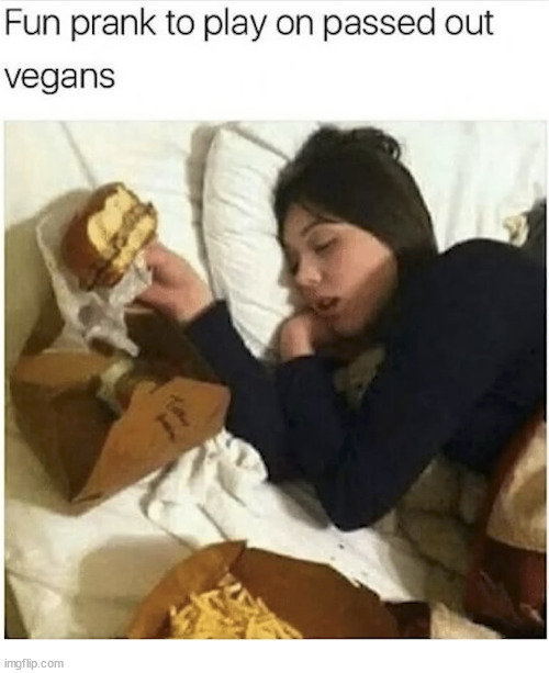 This could save lives | FUN PRANK TO PLAY ON PASSED OUT VEGANS | image tagged in prank,passed out,vegans,burgers,food,repost | made w/ Imgflip meme maker