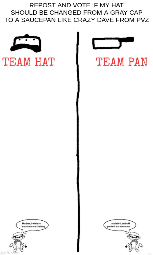 Okay since nobody listened and decided to repost vote here ig | REPOST AND VOTE IF MY HAT SHOULD BE CHANGED FROM A GRAY CAP TO A SAUCEPAN LIKE CRAZY DAVE FROM PVZ; TEAM HAT            TEAM PAN | made w/ Imgflip meme maker