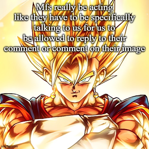 Vegito stanced tf up | Mfs really be acting like they have to be specifically talking to us for us to be allowed to reply to their comment or comment on their image | image tagged in vegito stanced tf up | made w/ Imgflip meme maker
