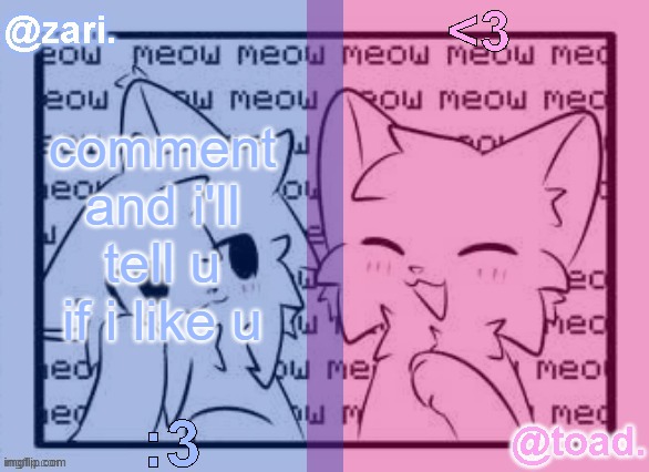 zari and toad's shared temp <3 | comment and i'll tell u if i like u | image tagged in zari and toad's shared temp 3 | made w/ Imgflip meme maker