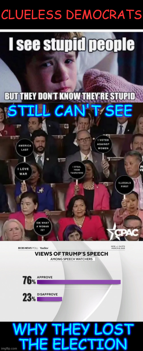 Keep up the good work dems...  America knows... | CLUELESS DEMOCRATS; STILL CAN'T SEE; WHY THEY LOST THE ELECTION | image tagged in clueless,democrats,put america last,you saw it,sotu | made w/ Imgflip meme maker