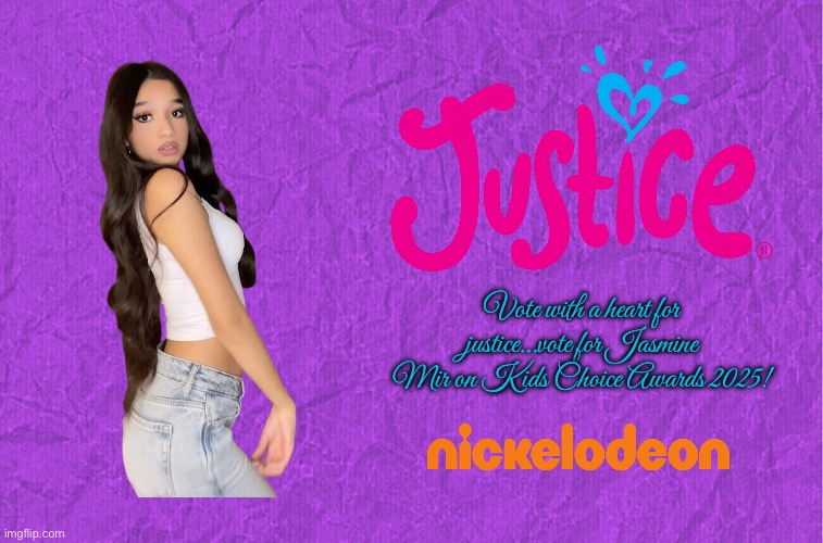 KCA 2025 - Jasmine Mir | Vote with a heart for justice…vote for Jasmine Mir on Kids Choice Awards 2025! | image tagged in generic purple background,nickelodeon,youtube,girl,pretty girl,beautiful girl | made w/ Imgflip meme maker