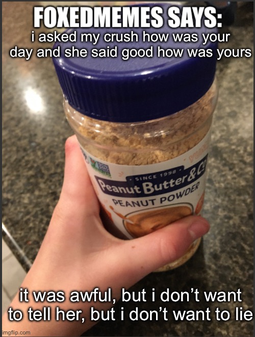 what do i do | i asked my crush how was your day and she said good how was yours; it was awful, but i don’t want to tell her, but i don’t want to lie | image tagged in foxedmemes template is back | made w/ Imgflip meme maker