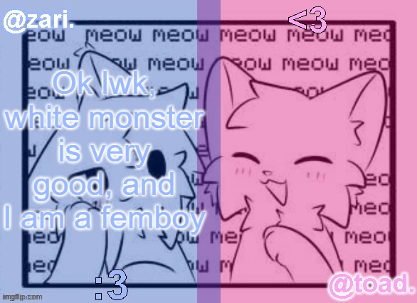 zari and toad's shared temp <3 | Ok lwk, white monster is very good, and I am a femboy | image tagged in zari and toad's shared temp 3 | made w/ Imgflip meme maker
